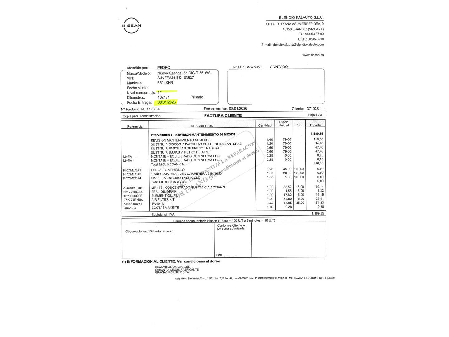 Foto del mantenimiento del Nissan QASHQAI Nissan Qashqai DIG-T 115 N-Connecta Xtronic (115 CV)