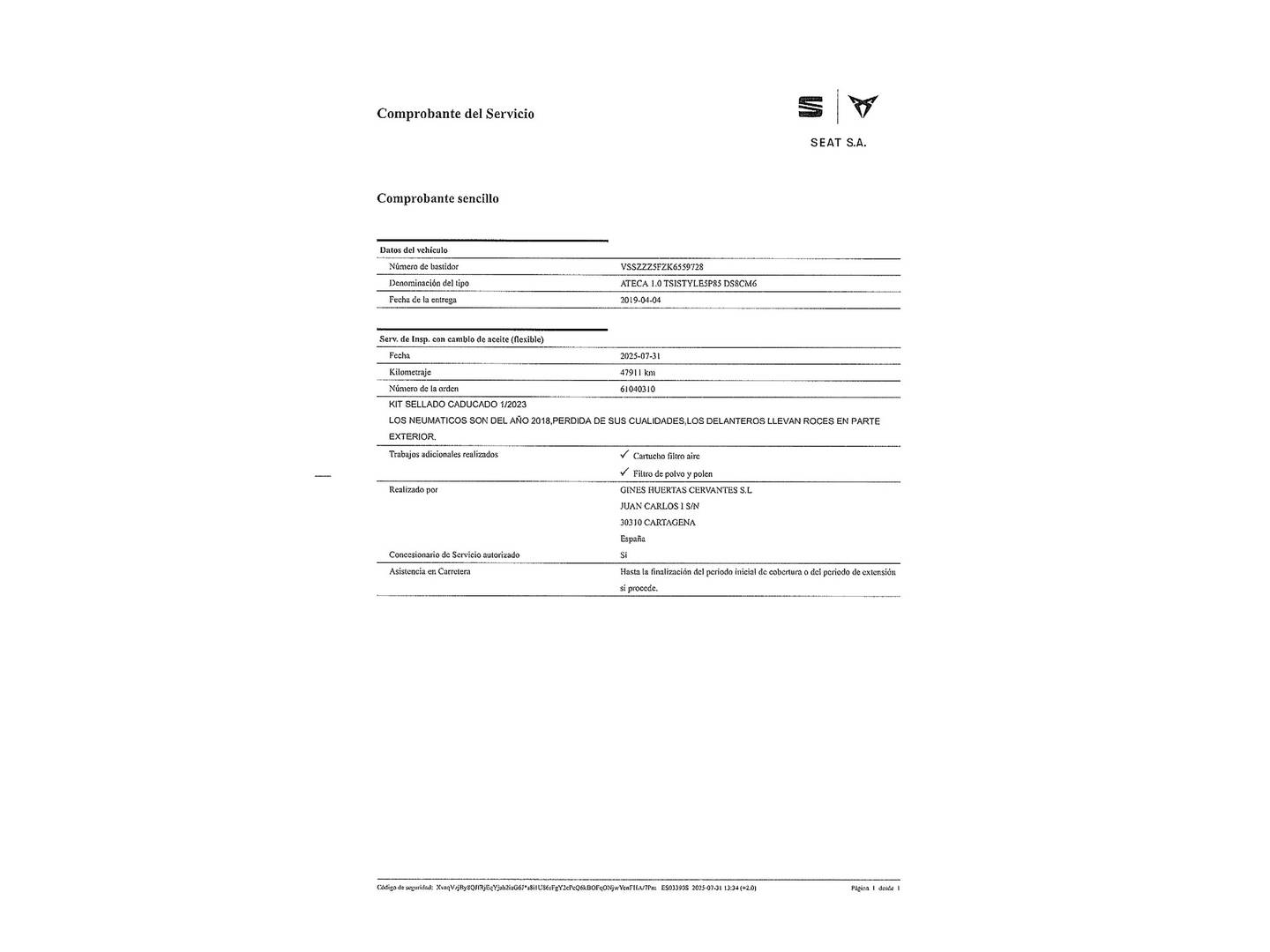 Foto del mantenimiento del Seat Ateca Seat Ateca 1.0 TSI S&S Ecomotive Style (115 CV)