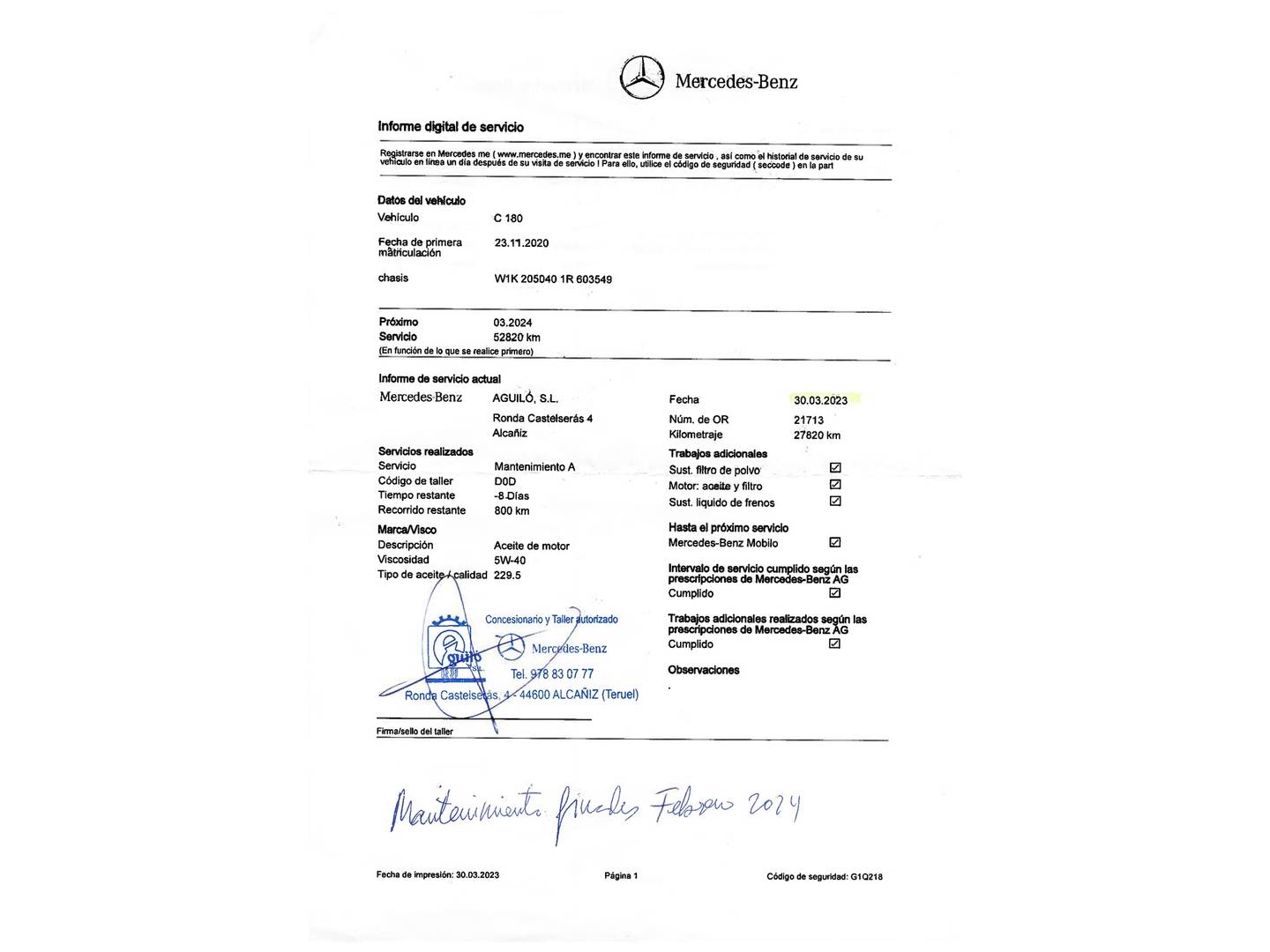 Foto del mantenimiento del Mercedes Clase C Mercedes Clase C 180 (156 CV)