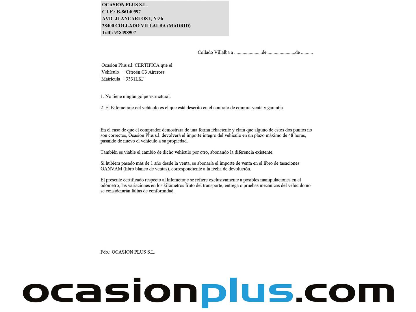 Foto del certificado del Citroën C3 Aircross Citroën C3 Aircross PureTech 110 S&S C-Series (110 CV)