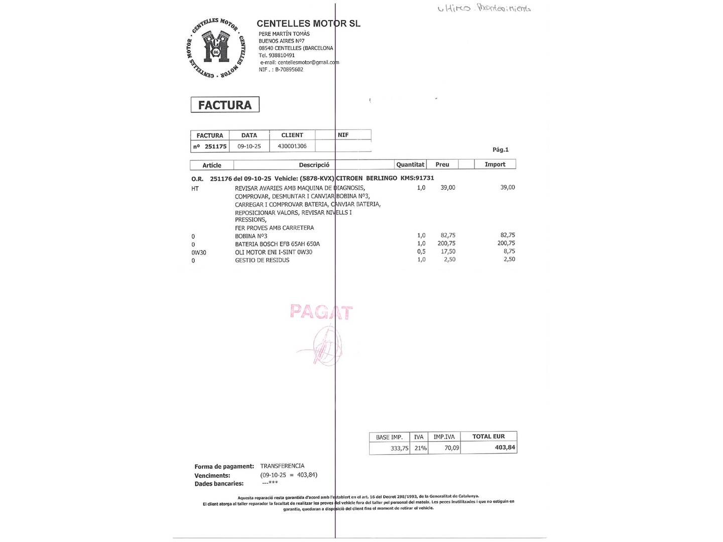 Foto del mantenimiento del Citroën Berlingo Citroën Berlingo Combi PureTech 110 S&S Talla M Feel (110 CV)