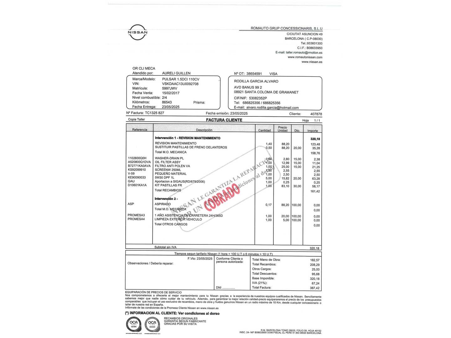 Foto del mantenimiento del Nissan PULSAR Nissan Pulsar dCi 110 N-Connecta (110 CV)