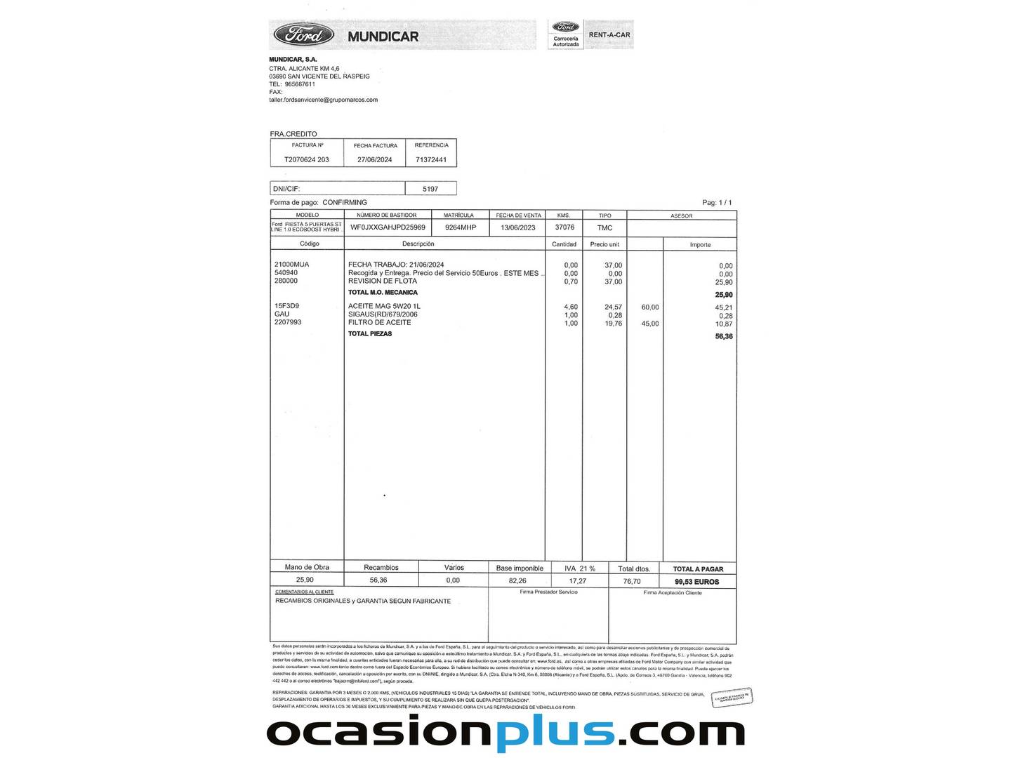 Foto del mantenimiento del Ford Fiesta Ford Fiesta 1.0 EcoBoost MHEV ST-Line (125 CV)