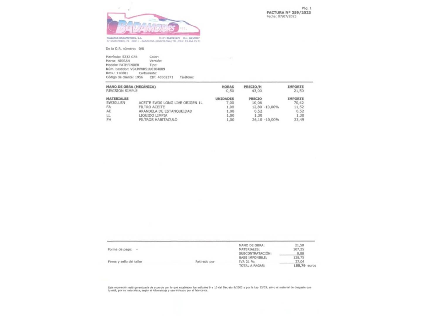 Foto del mantenimiento del Nissan Pathfinder Nissan Pathfinder 2.5 dCi LE 7 PLAZAS (171 CV)