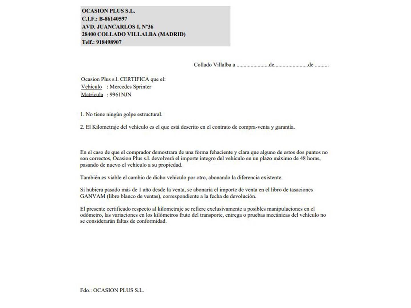 Foto del certificado del Mercedes Sprinter Mercedes Sprinter Furgon 317 CDI LARGO 3.5T T.ALTO (170 CV)