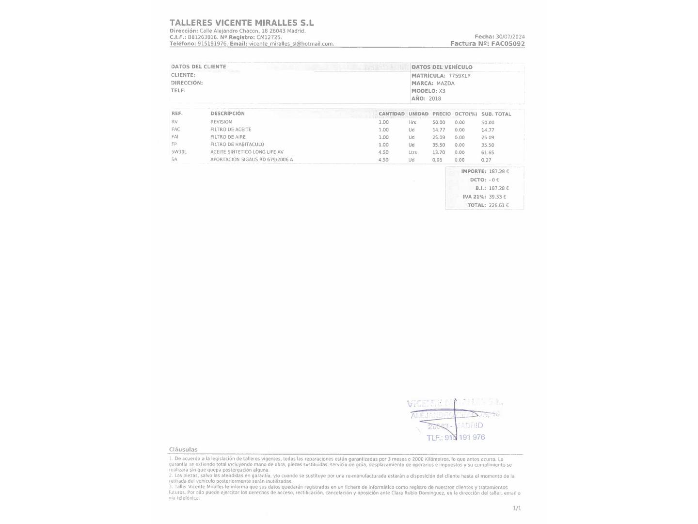 Foto del mantenimiento del Mazda CX-3 Mazda CX-3 2.0 SKYACTIV GE Luxury 2WD (120 CV)