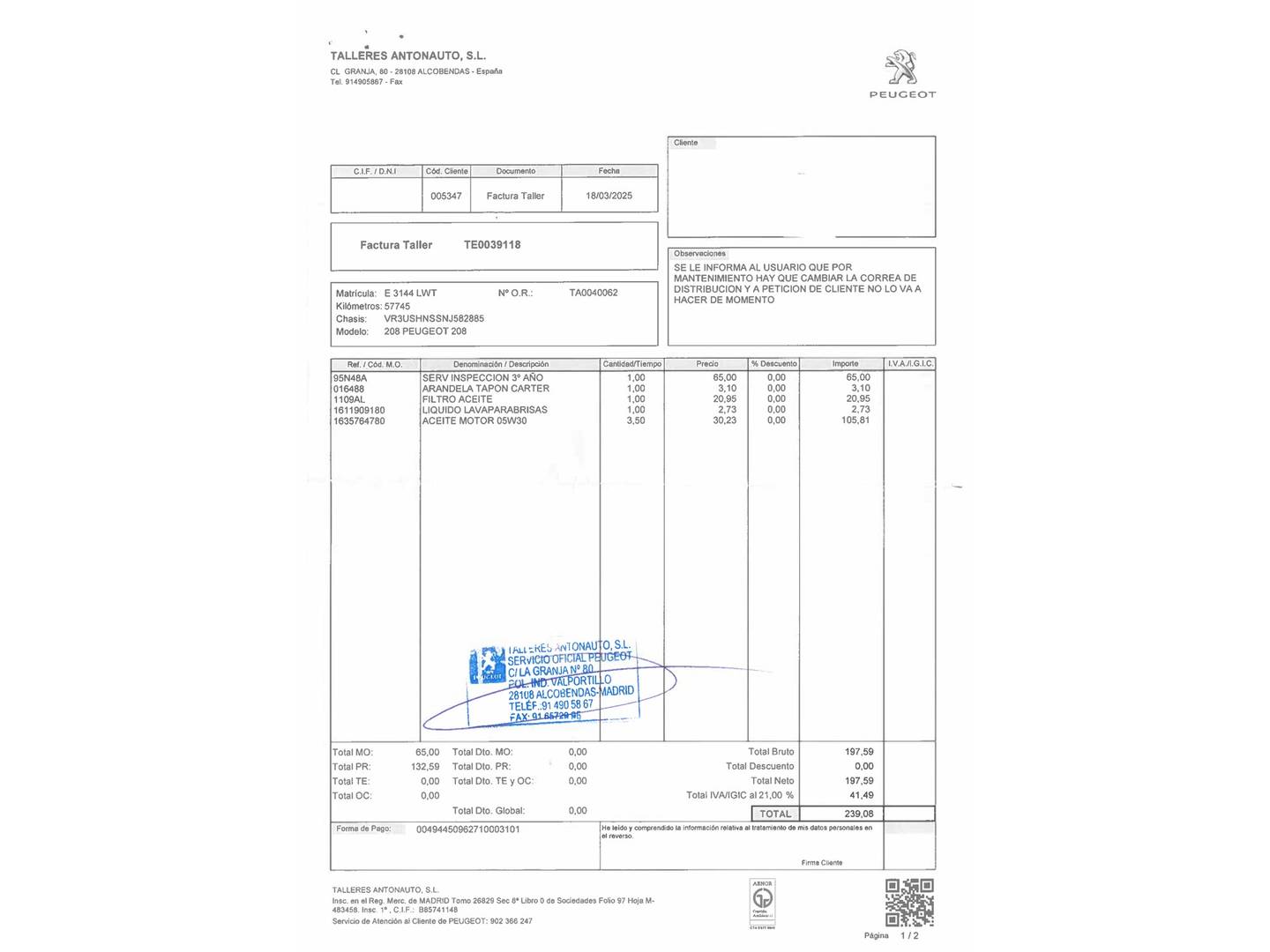 Foto del mantenimiento del Peugeot 2008 Peugeot 2008 PureTech 130 S&S GT Pack EAT8 (130 CV)