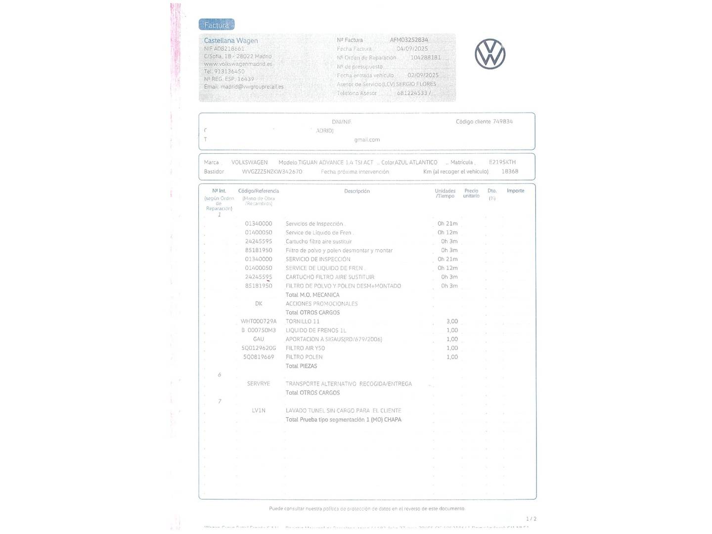 Foto del mantenimiento del Volkswagen Tiguan Volkswagen Tiguan Advance 1.5 TSI (150 CV) DSG