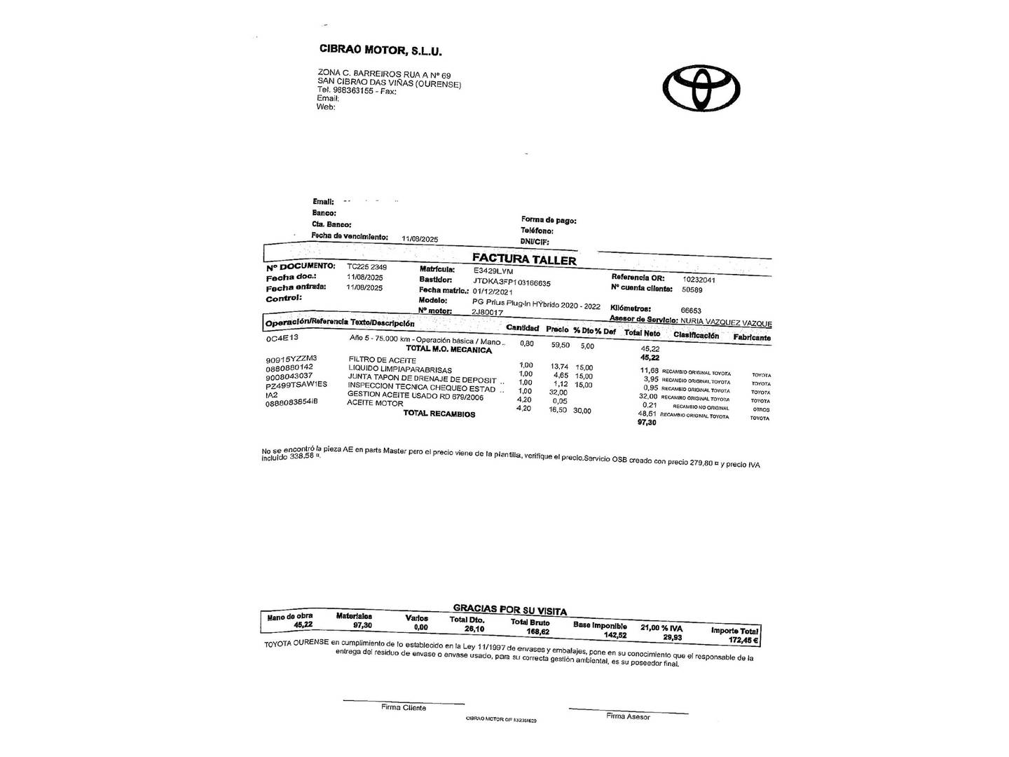 Foto del mantenimiento del Toyota Prius Toyota Prius 125PH Plug-In Solar (122 CV)
