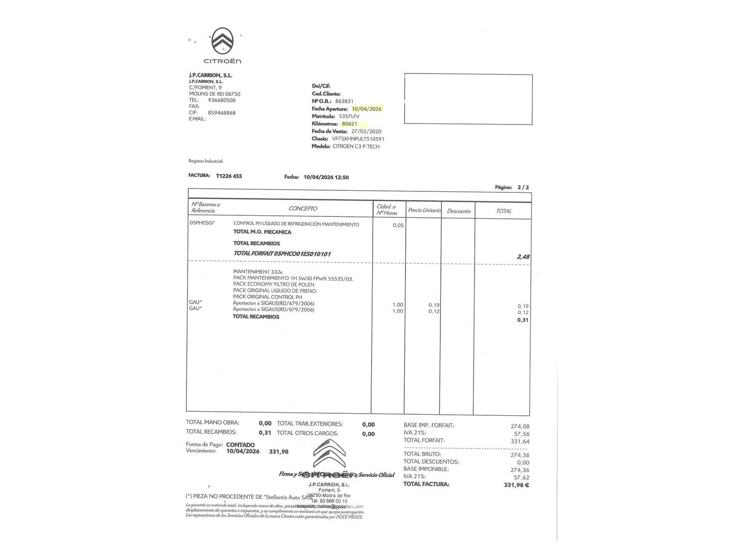Foto del mantenimiento del Citroën C3 Citroën C3 PureTech 110 S&S Shine (110 CV)