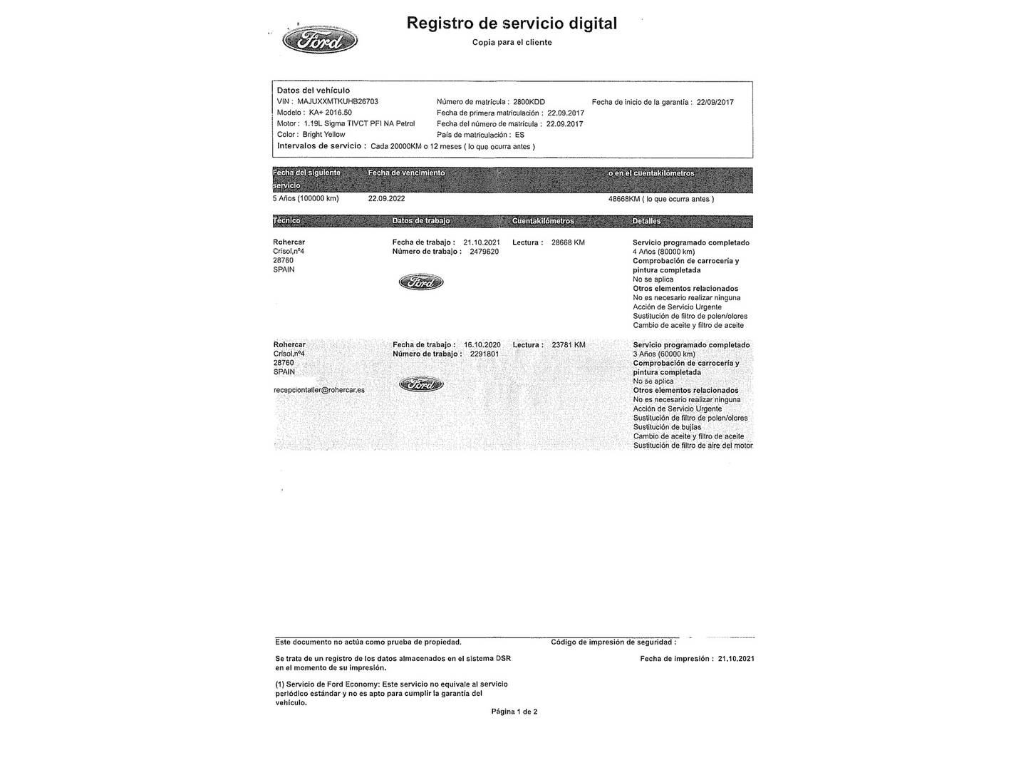 Foto del mantenimiento del Ford Ka+ Ford Ka+ 1.2 Ti-VCT Ultimate (85 CV)