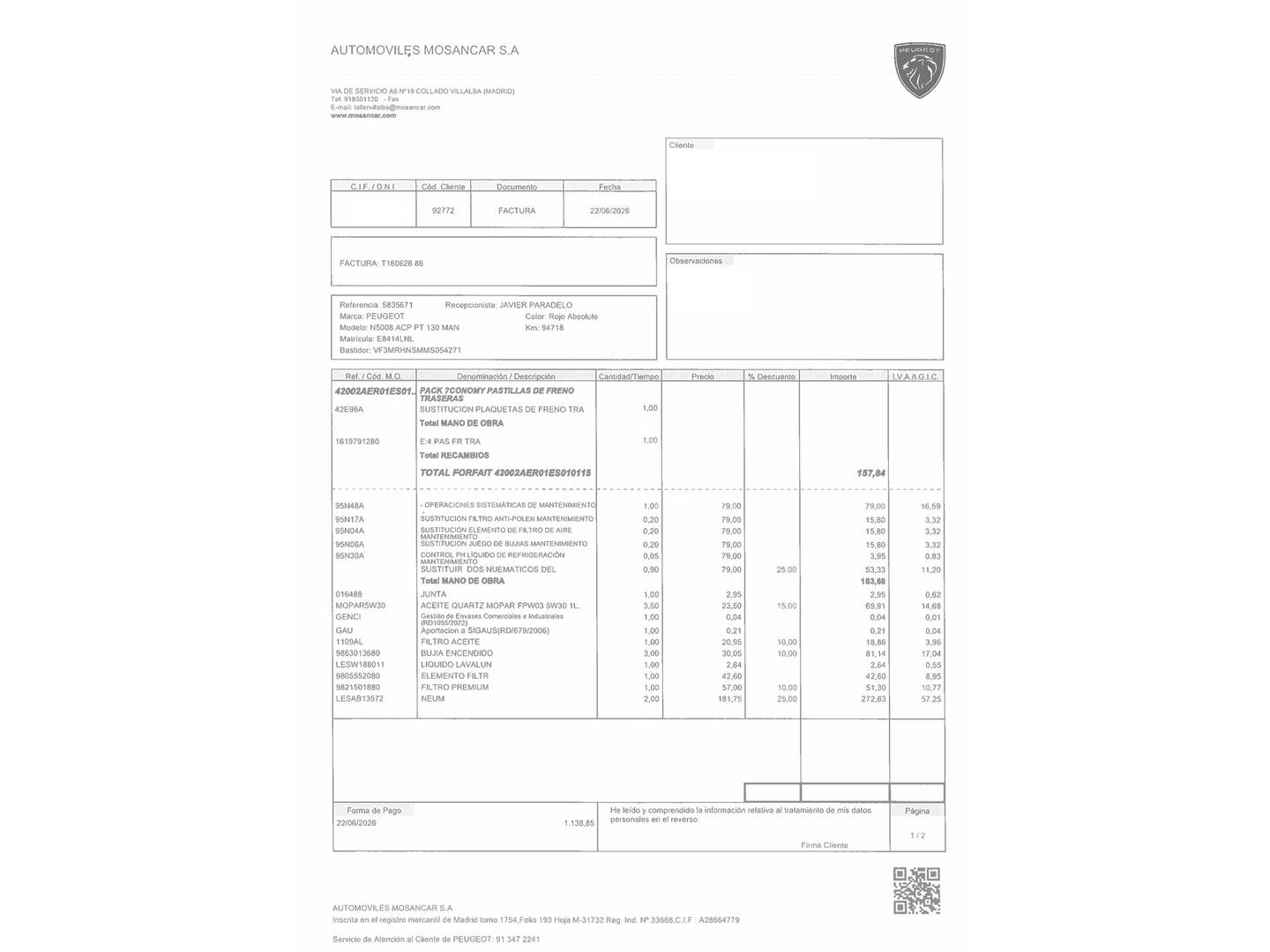 Foto del mantenimiento del Peugeot 5008 Peugeot 5008 PureTech 130 S&S Active Pack (130 CV) 7 Plazas