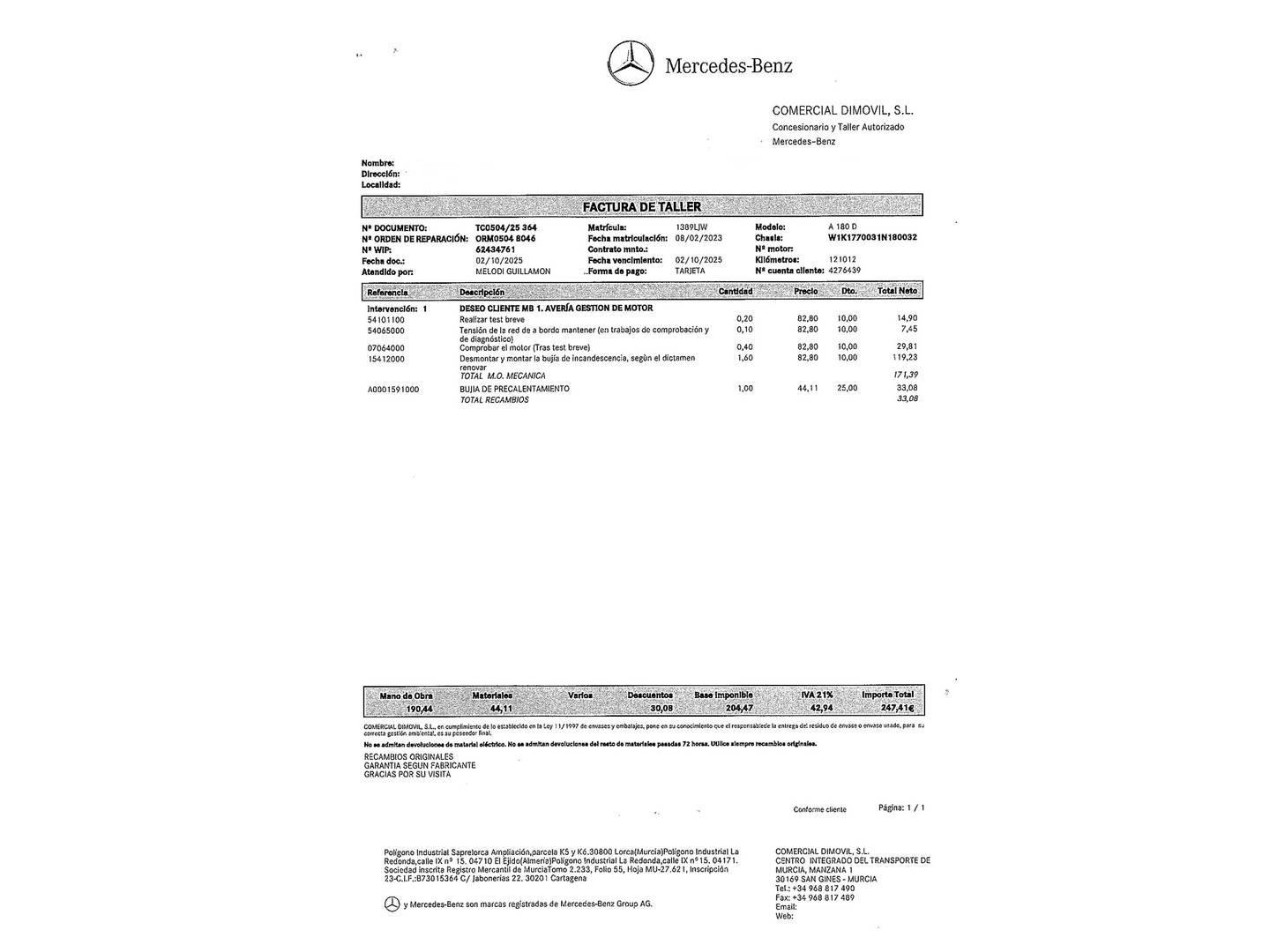 Foto del mantenimiento del Mercedes Clase A Mercedes Clase A 180 d (116 CV) Pack AMG