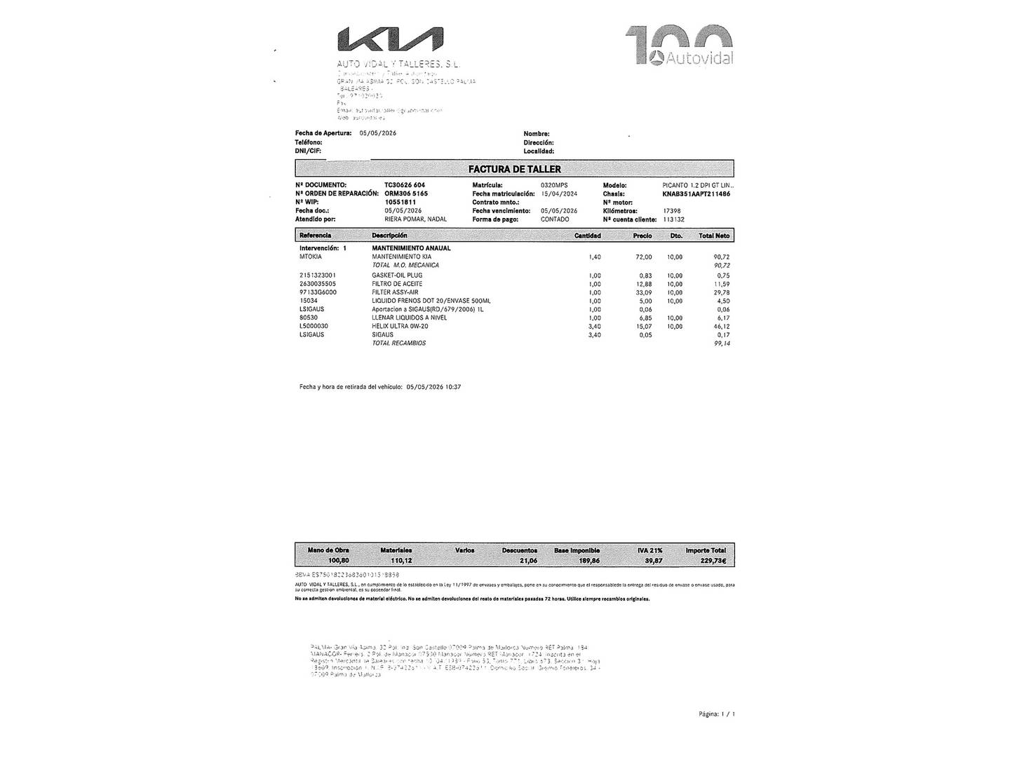 Foto del mantenimiento del KIA Picanto KIA Picanto 1.2 DPi GT Line (84 CV)