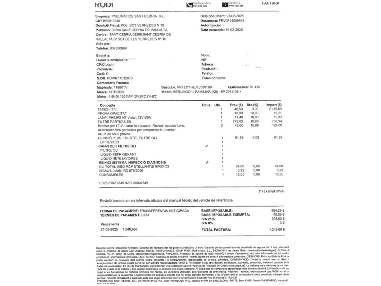 Foto del mantenimiento del Citroën Berlingo Citroen Berlingo BlueHDi 130 S&S Talla M Shine  (130 CV)