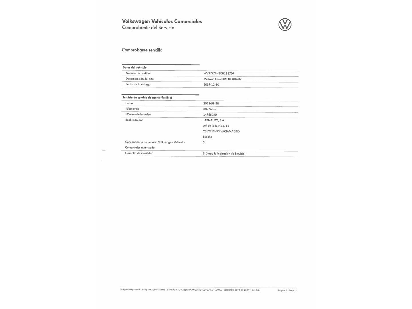 Foto del mantenimiento del Volkswagen Multivan Volkswagen Multivan Premium Batalla Corta 2.0 TDI BMT (150 CV) DSG 7 Plazas