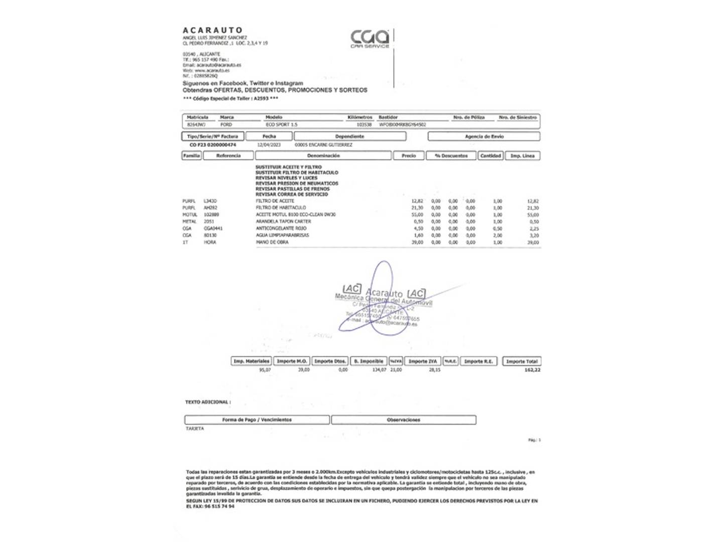 Foto del mantenimiento del Ford EcoSport Ford EcoSport 1.5 TDCi Titanium (95 CV)