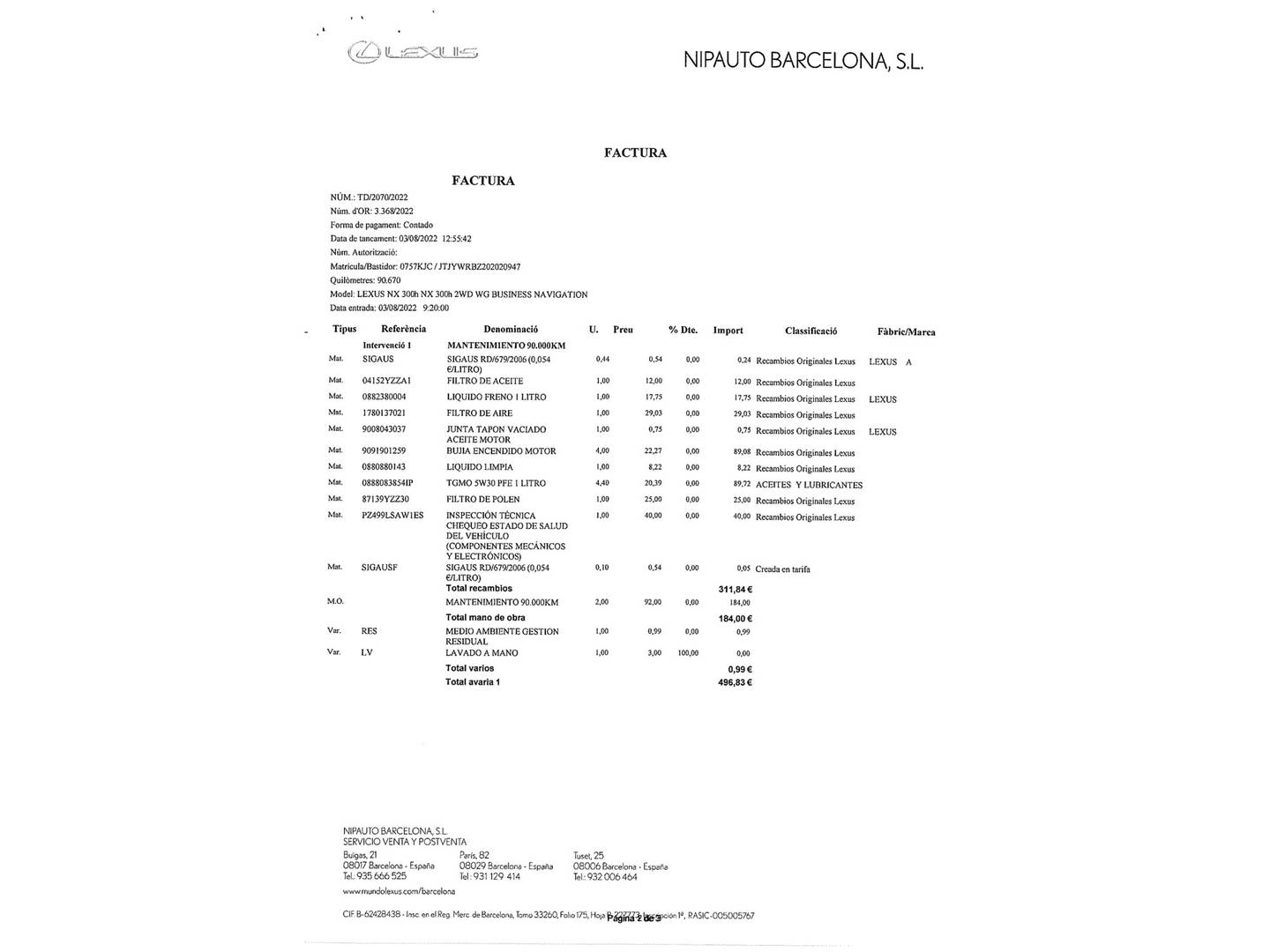 Foto del mantenimiento del Lexus NX Lexus NX 300h Business 2WD (197 CV)