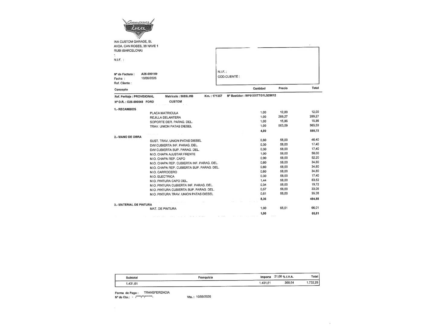 Foto del mantenimiento del Ford Transit Custom Ford Transit Custom Kombi 2.0 TDCI MHEV 320 L2 Trend (170 CV) 8 Plazas