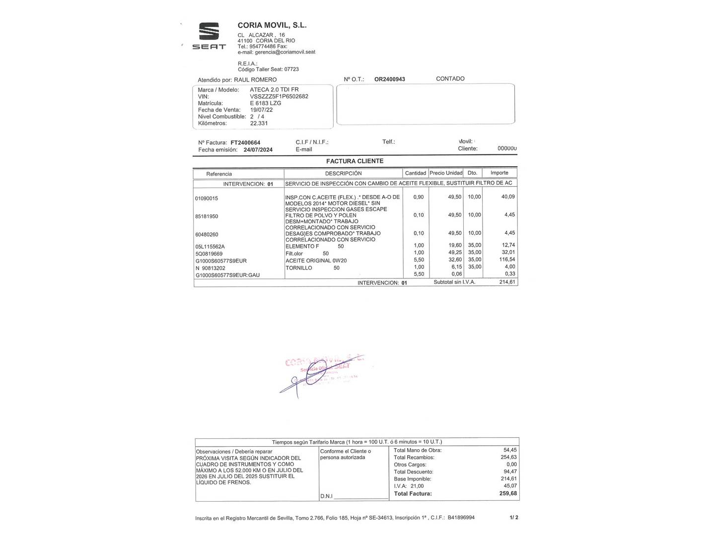 Foto del mantenimiento del Seat Ateca Seat Ateca 2.0 TDI S&S FR XL (150 CV)