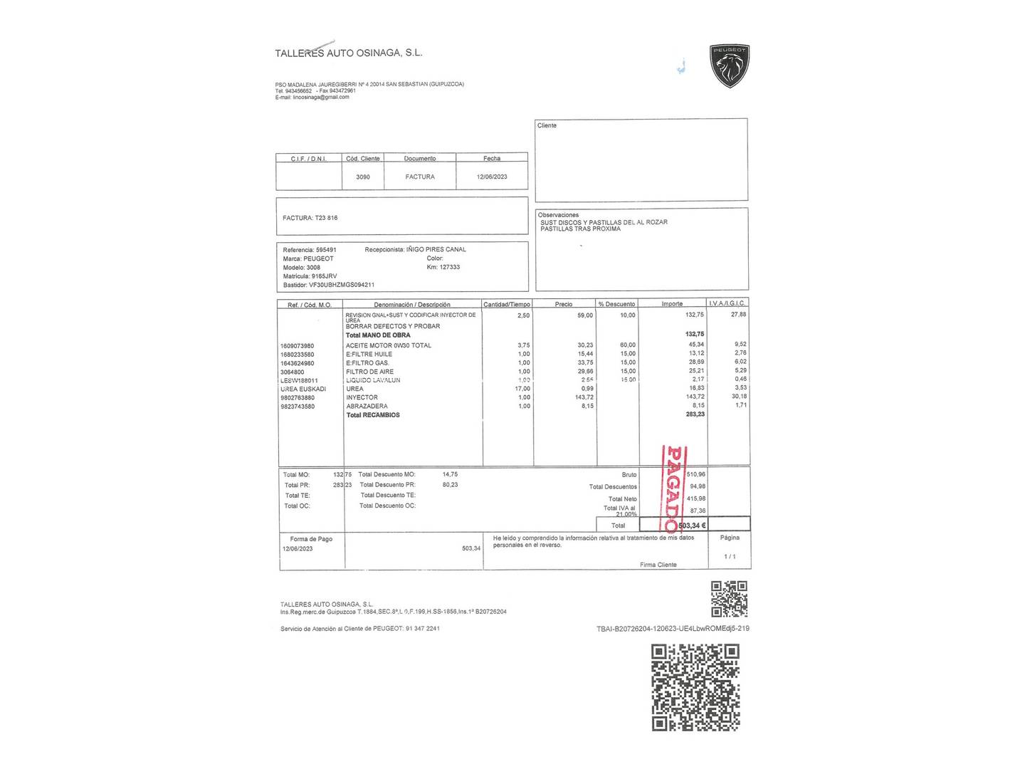 Foto del mantenimiento del Peugeot 3008 Peugeot 3008 1.6 BlueHDI FAP Style (120 CV)