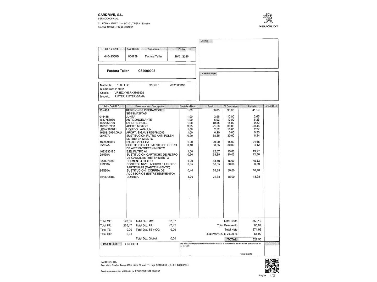 Foto del mantenimiento del Peugeot Rifter Peugeot Rifter BlueHDi 130 GT Line Standard EAT8 (130 CV)