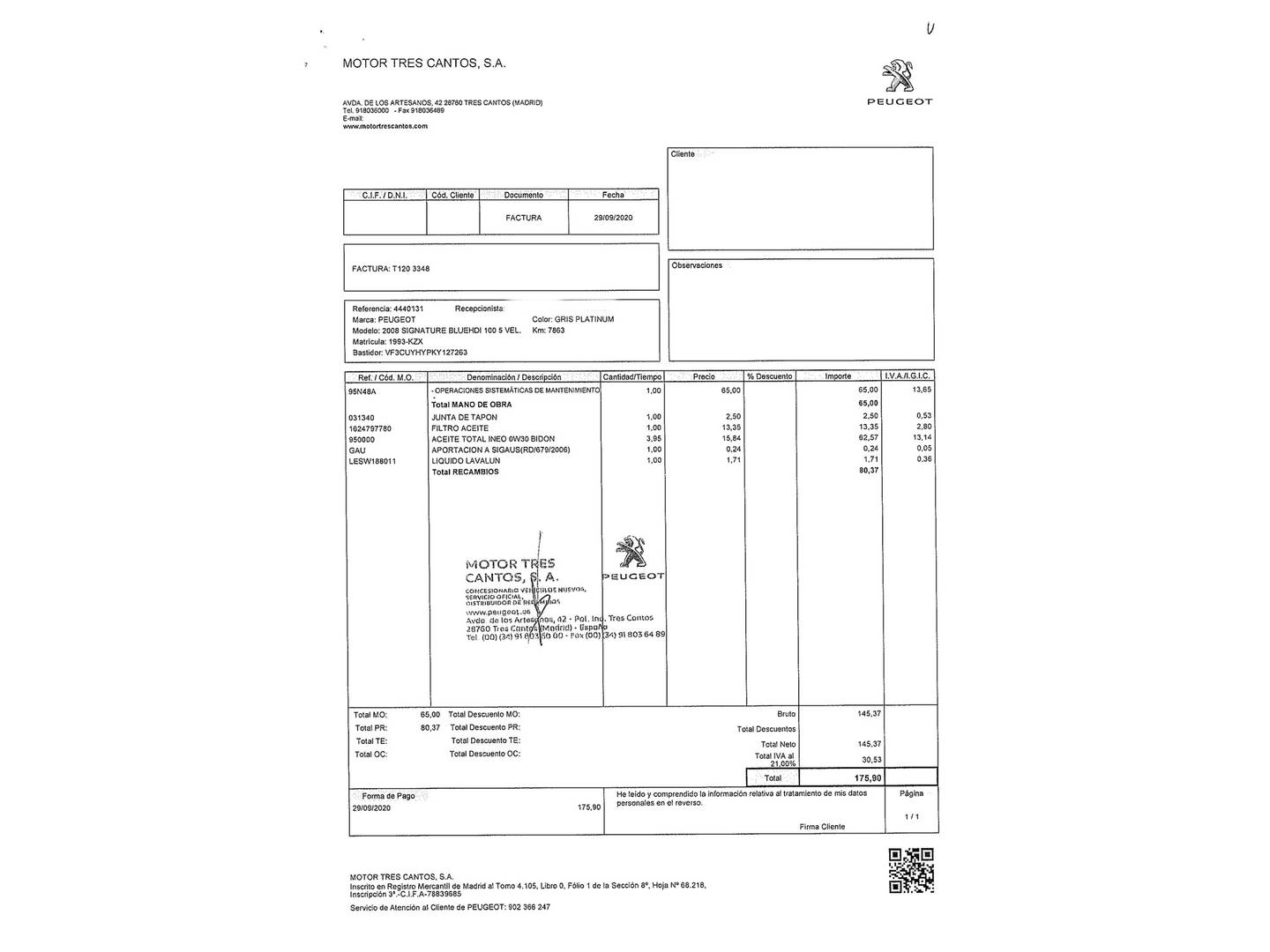 Foto del mantenimiento del Peugeot 2008 Peugeot 2008 BlueHDi 100 Signature (100 CV)