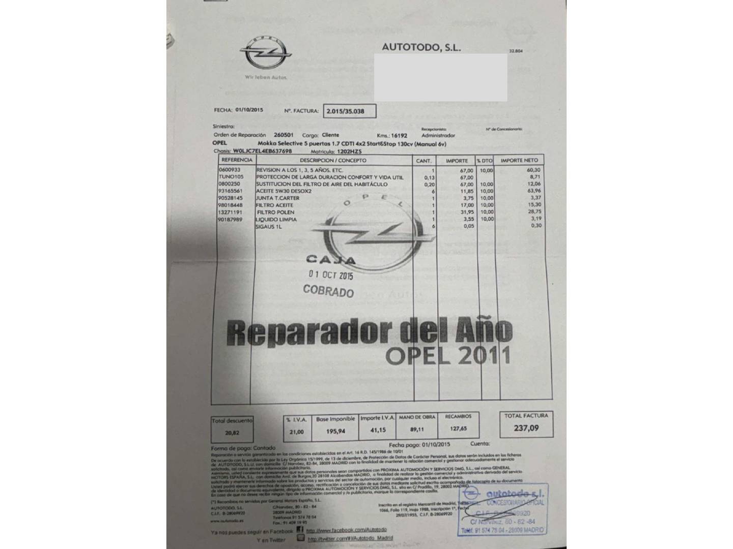 Foto del mantenimiento del Opel Mokka Opel Mokka 1.7 CDTi S&S Selective 4x2 (130 CV)