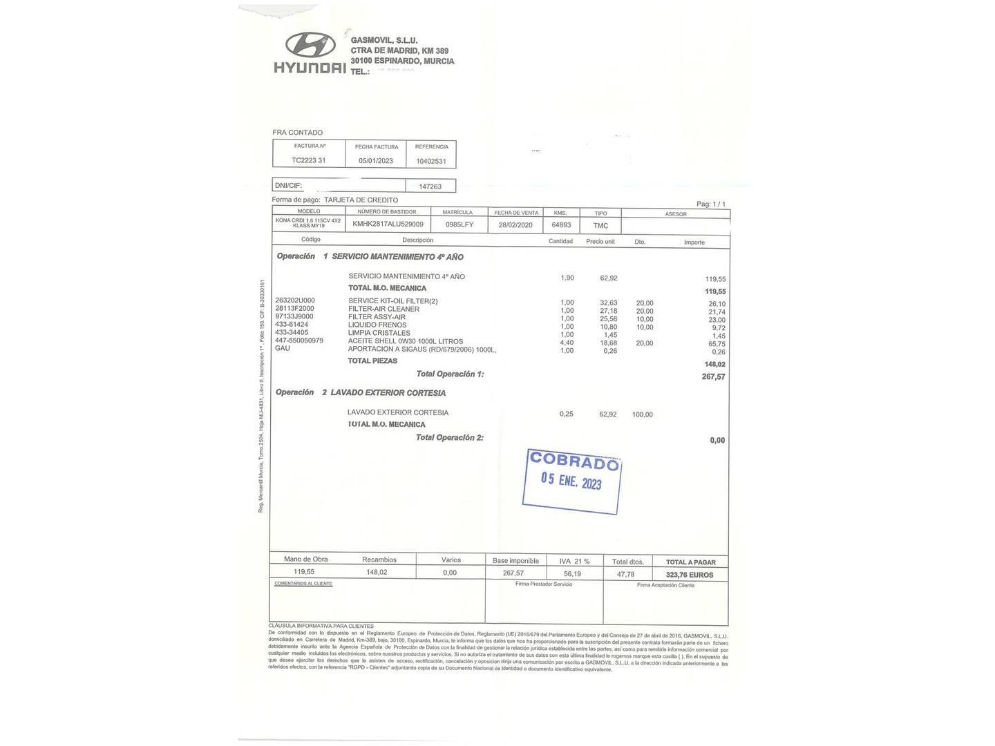 Foto del mantenimiento del Hyundai Kona Hyundai Kona 1.6 CRDI Klass 4x2 (115 CV)