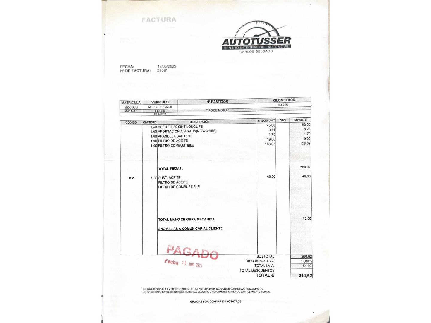 Foto del mantenimiento del Mercedes Clase A Mercedes Clase A 200 CDI AMG Line (136 CV)