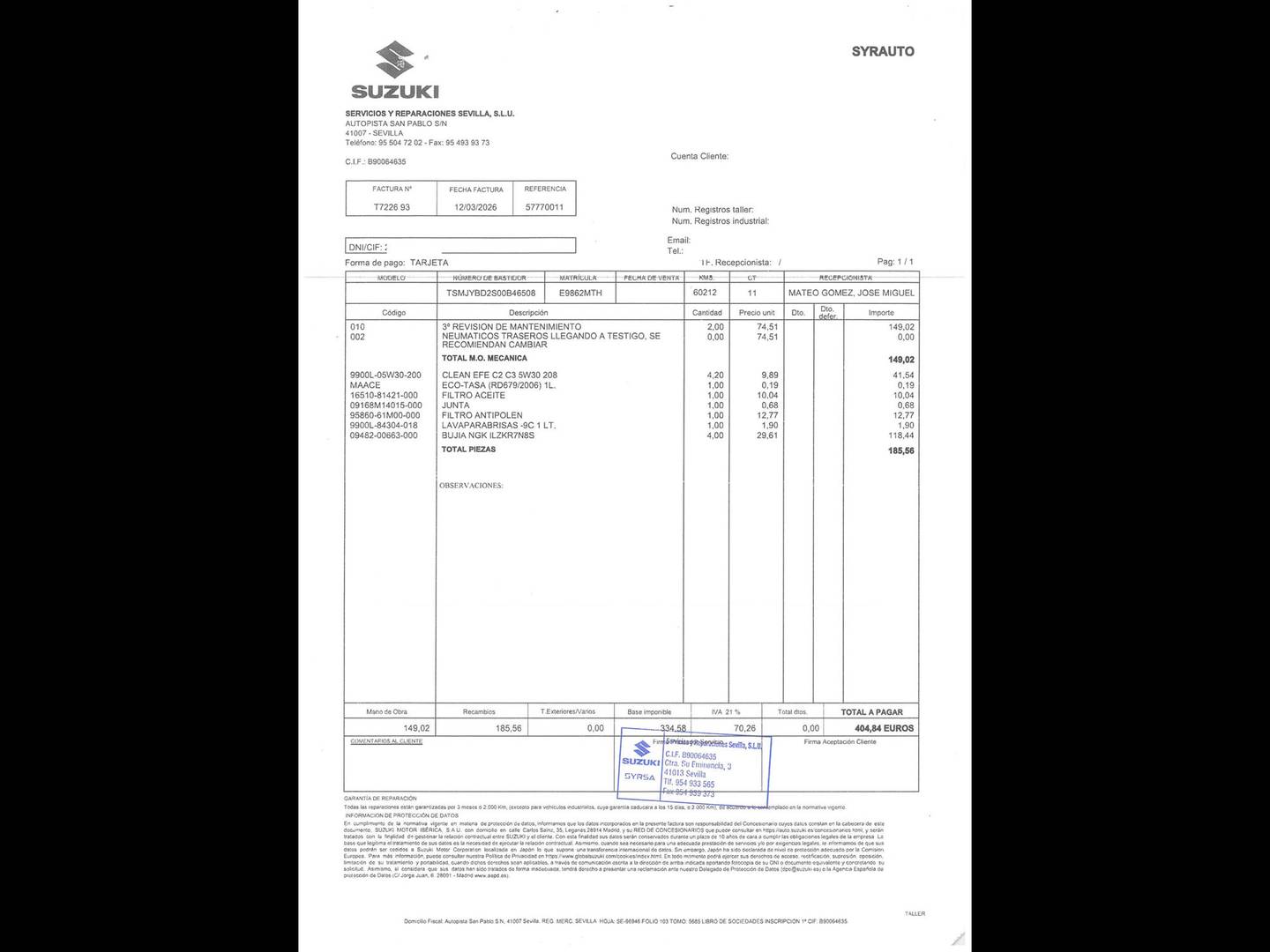 Foto del mantenimiento del Suzuki S-Cross Suzuki S-Cross 1.4T Mild Hybrid S3 4WD  (129 CV)