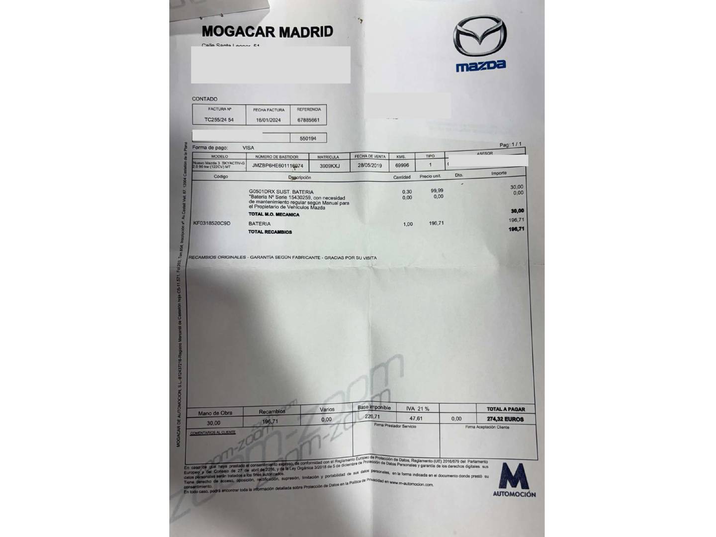 Foto del mantenimiento del Mazda Mazda3 Mazda Mazda 3 2.0 e-Skyactiv-G Evolution (122 CV)