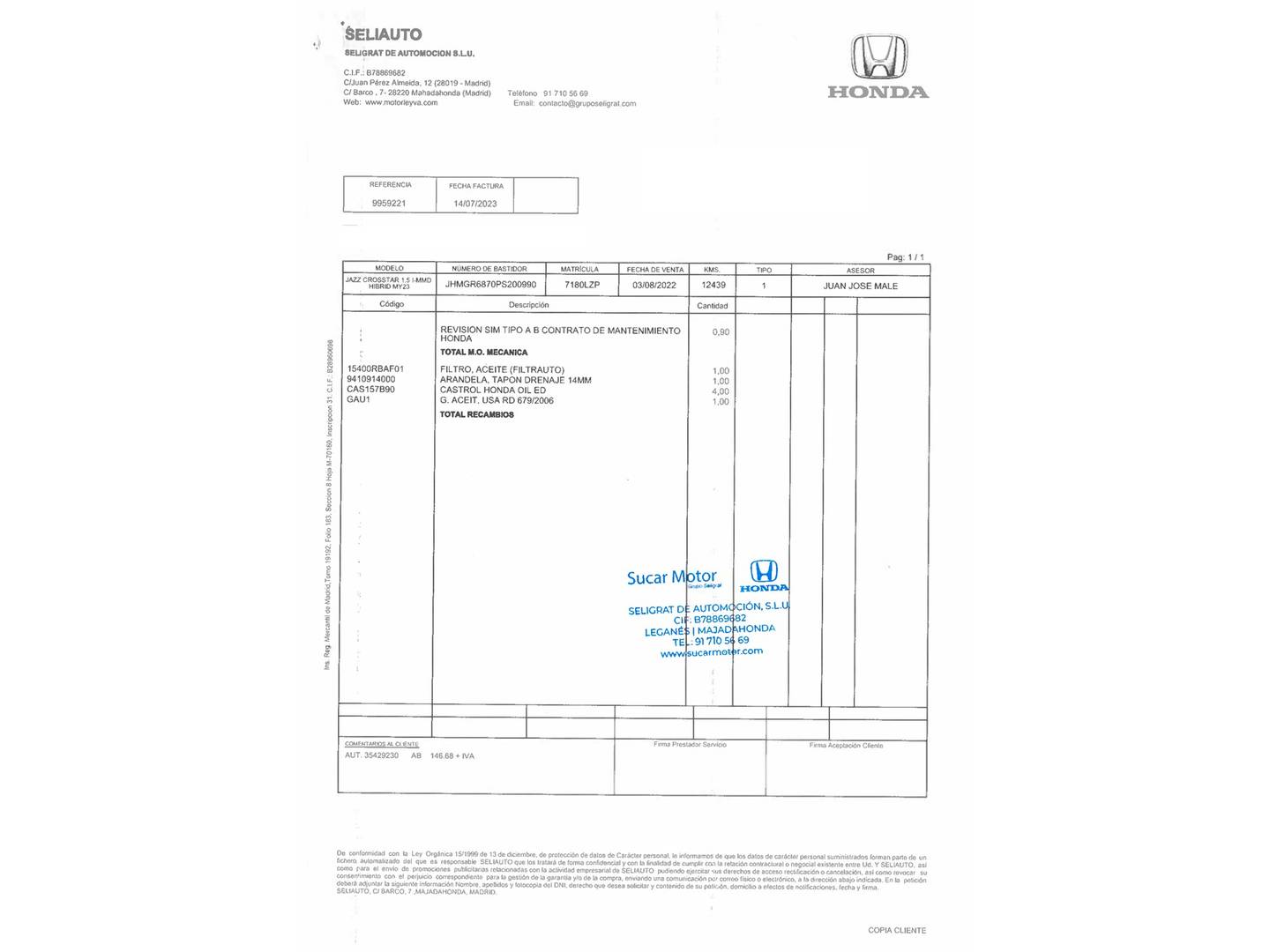 Foto del mantenimiento del Honda Jazz Honda Jazz 1.5 i-MMD CROSSTAR (109 CV)