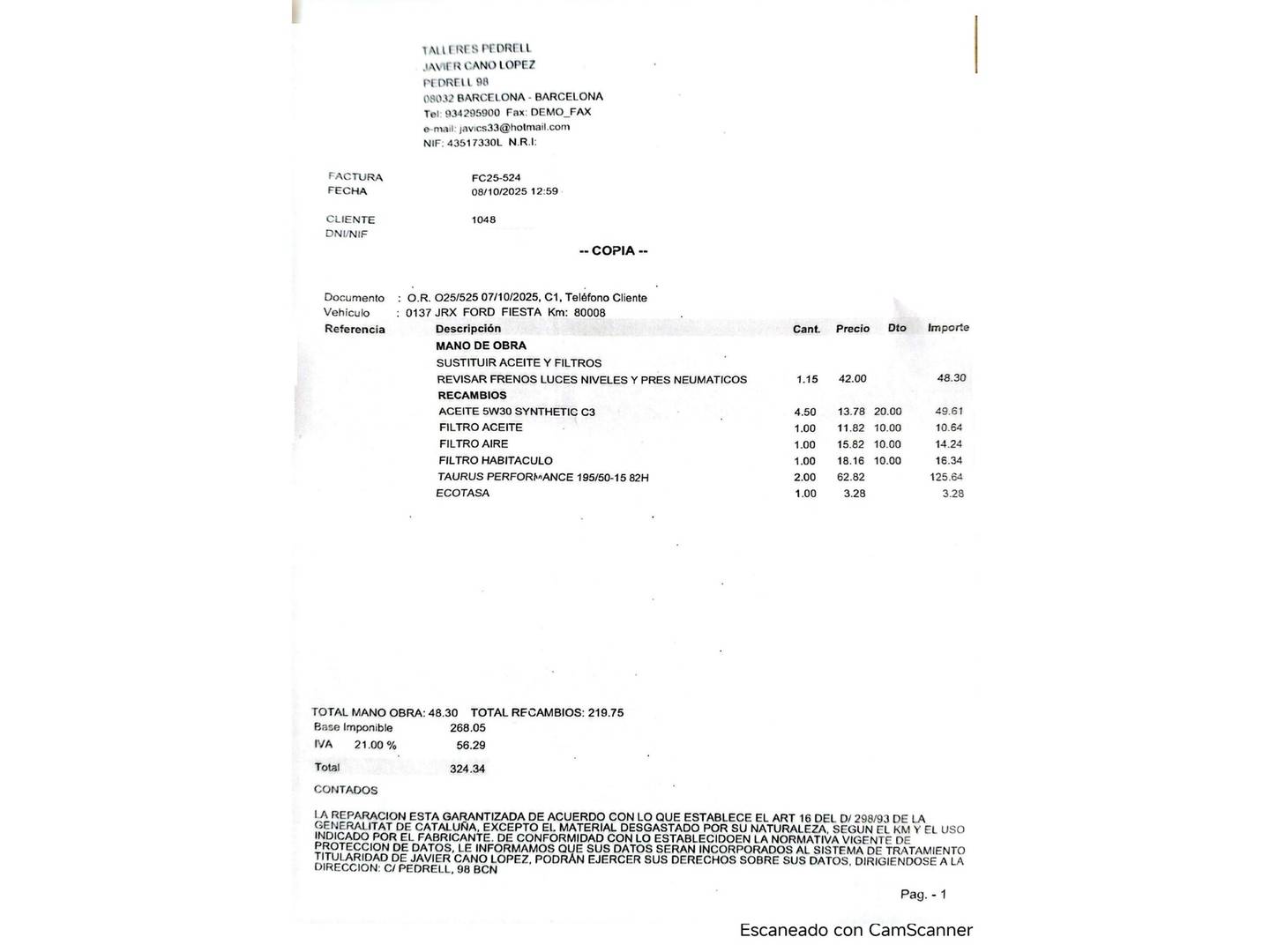 Foto del mantenimiento del Ford Fiesta Ford Fiesta 1.25 Duratec Trend (82 CV)