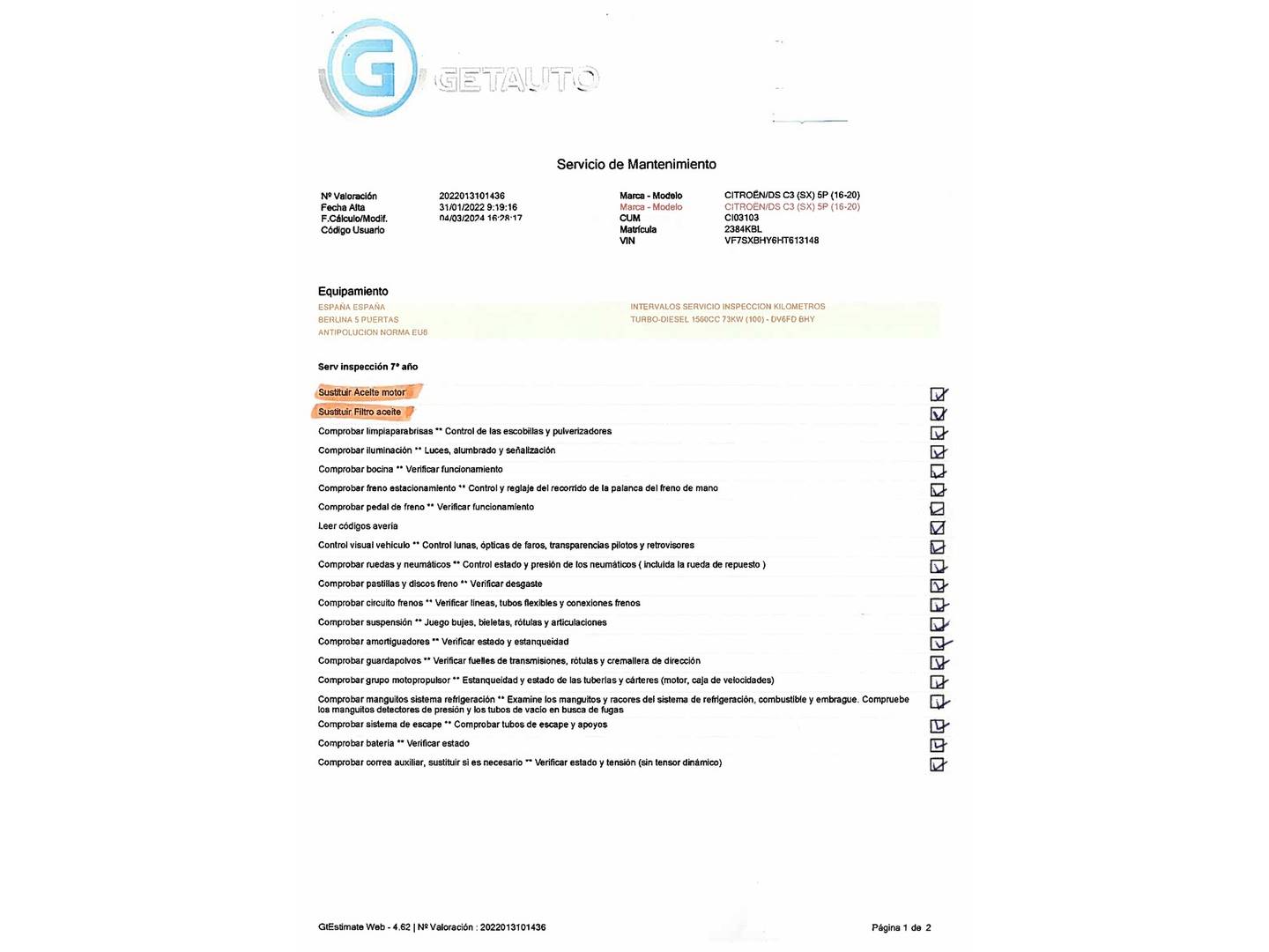 Foto del mantenimiento del Citroën C3 Citroën C3 BlueHDi 100 S&S FEEL (99 CV)