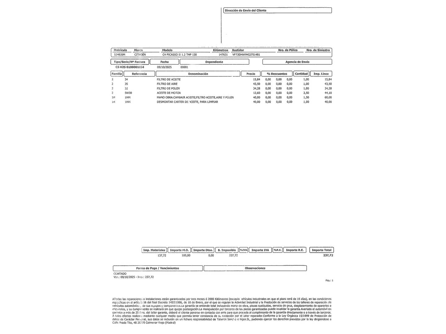 Foto del mantenimiento del Citroën C4 Picasso Citroën C4 Picasso PureTech 130 S&S Feel (130 CV)