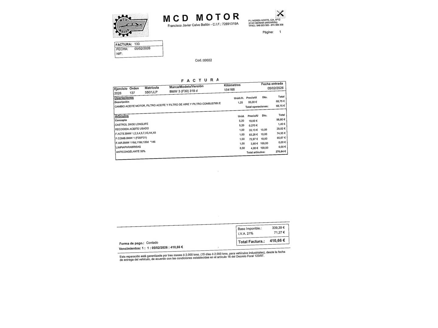 Foto del mantenimiento del BMW Serie 3 BMW Serie 3 318d (150 CV) Pack M