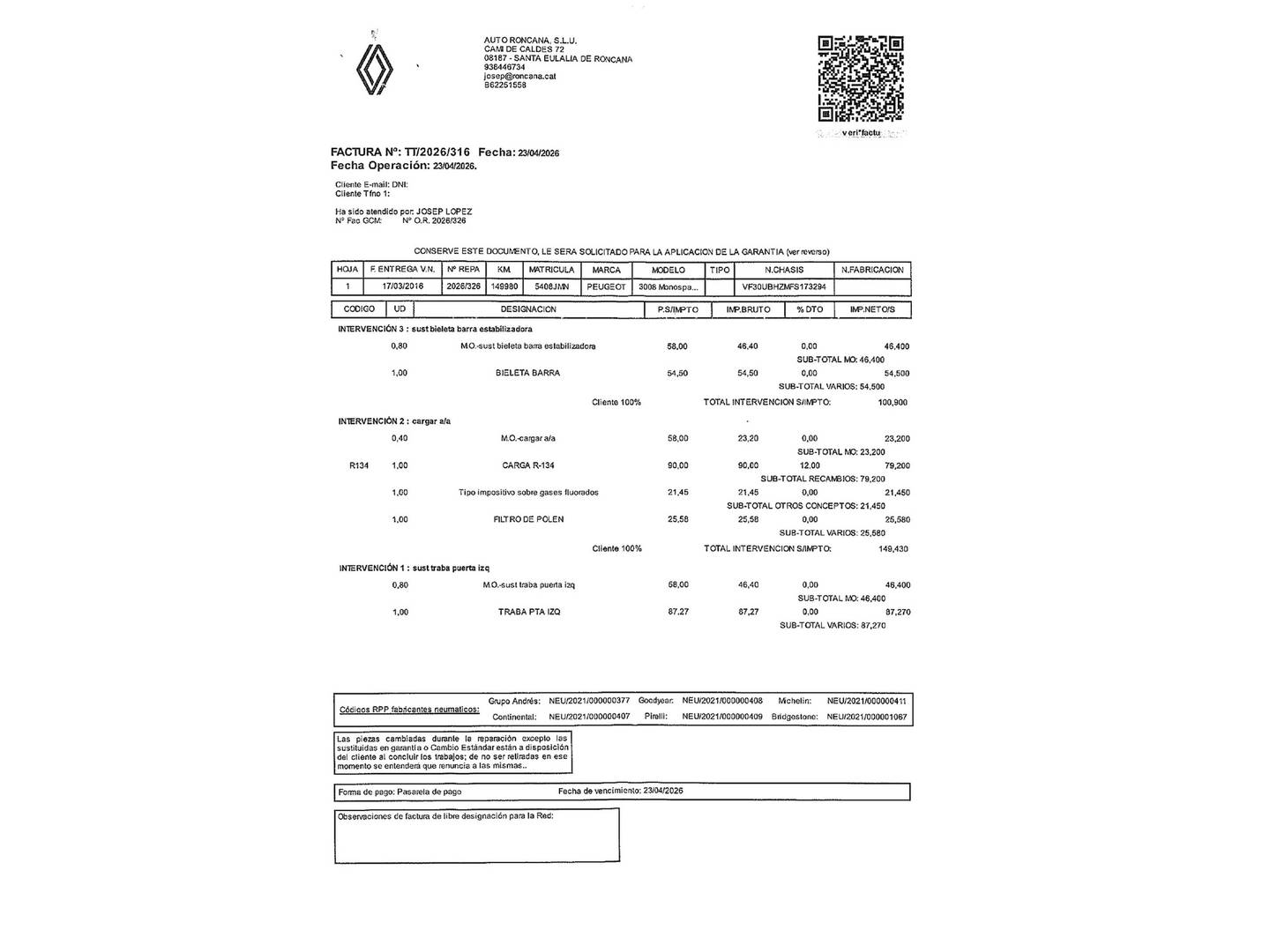 Foto del mantenimiento del Peugeot 3008 Peugeot 3008 1.6 BlueHDi FAP Allure (120 CV)