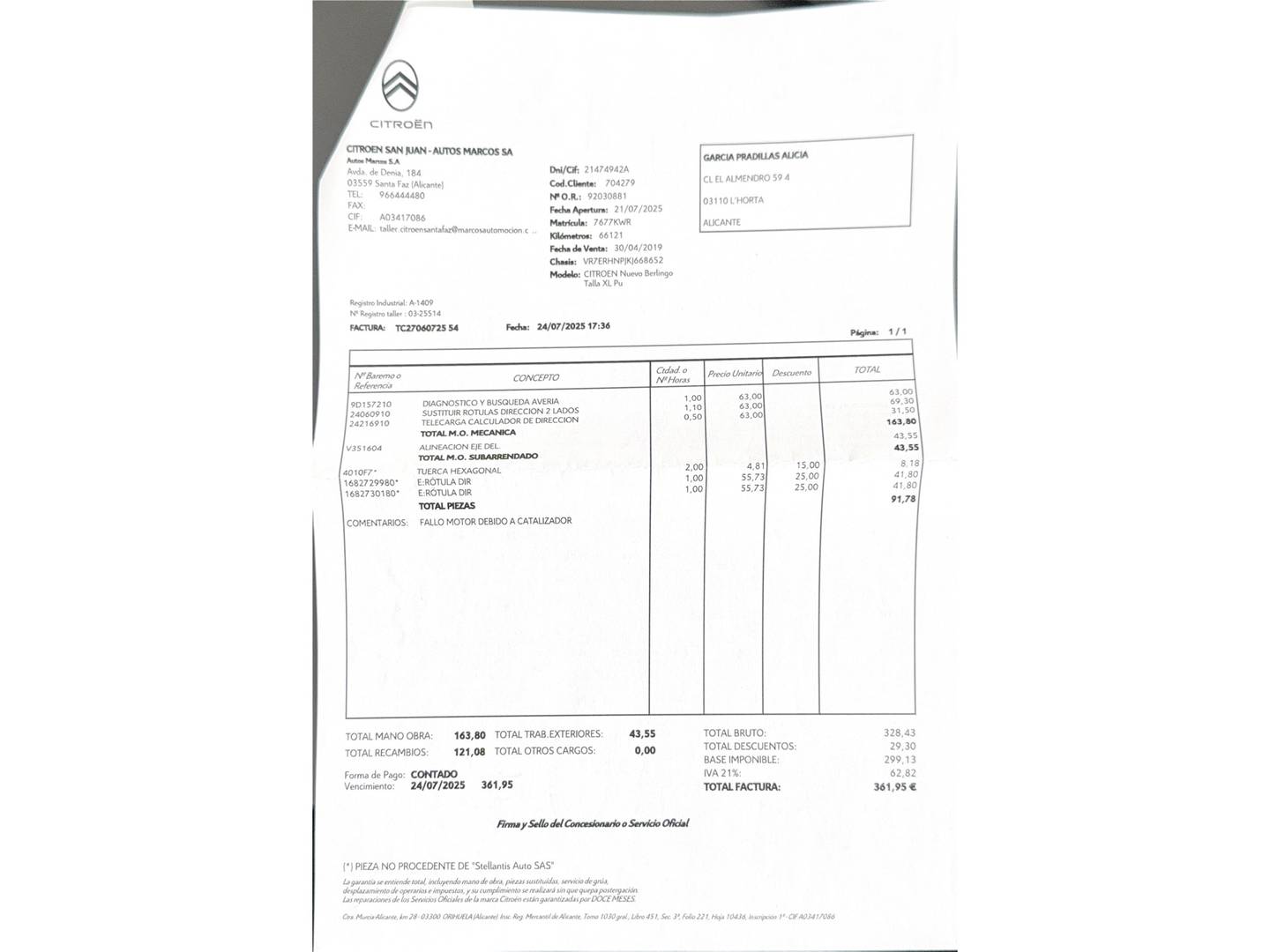 Foto del mantenimiento del Citroën Berlingo Citroën Berlingo PureTech 110 S&S Talla XL Shine  (110 CV) 6 Plazas