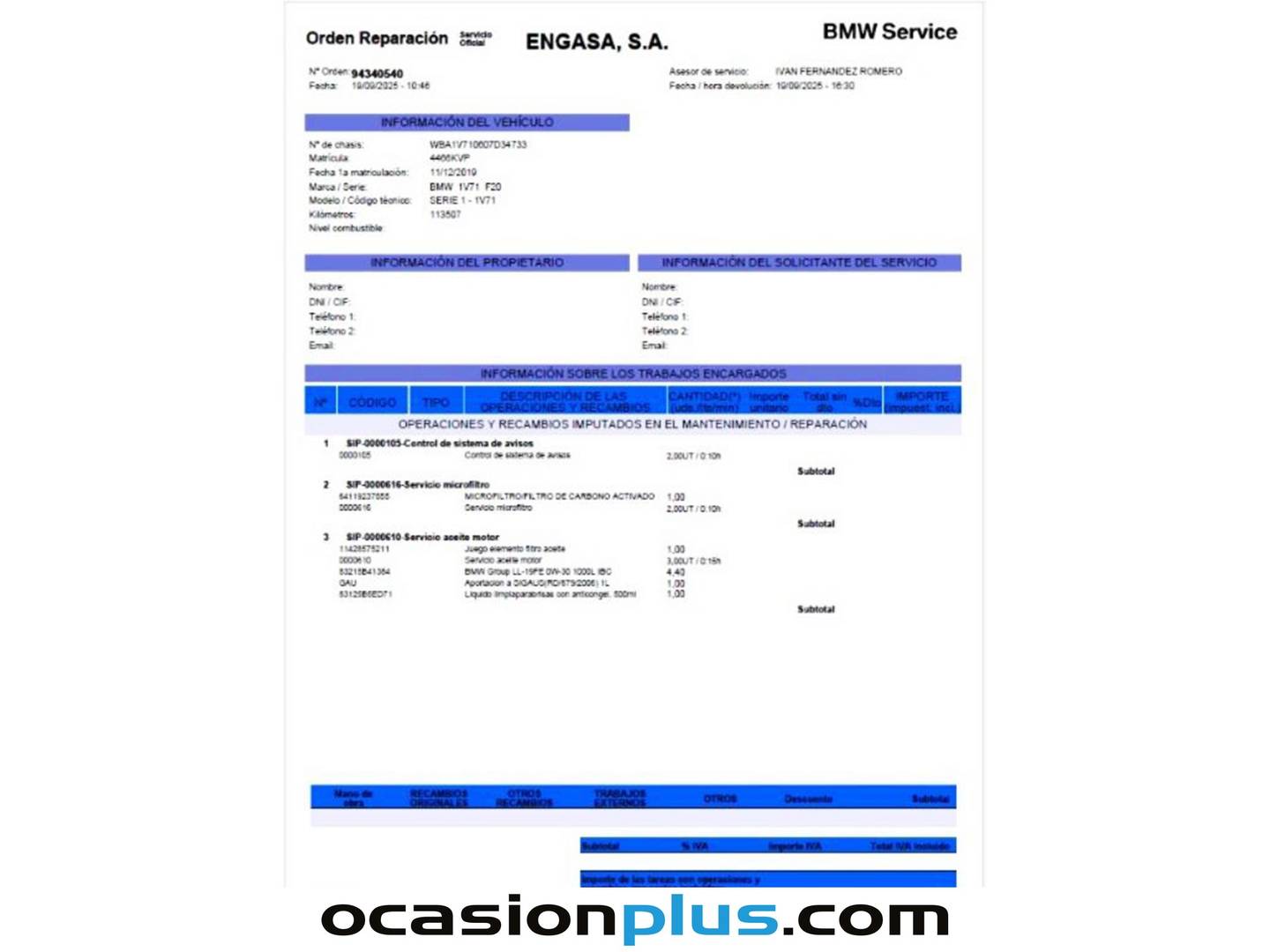 Foto del mantenimiento del BMW Serie 1 BMW Serie 1 116d (116 CV) Pack M