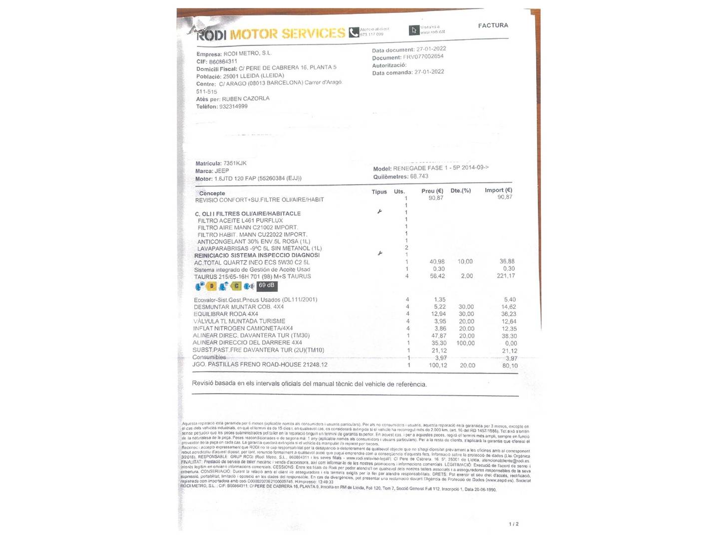Foto del mantenimiento del Jeep Renegade Jeep Renegade 1.6 Multijet Sport 4x2 (120 CV)
