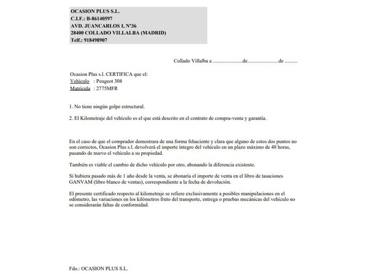 Foto del certificado del Peugeot 308 Peugeot 308 PureTech 130 S&S Allure EAT8 (130 CV)