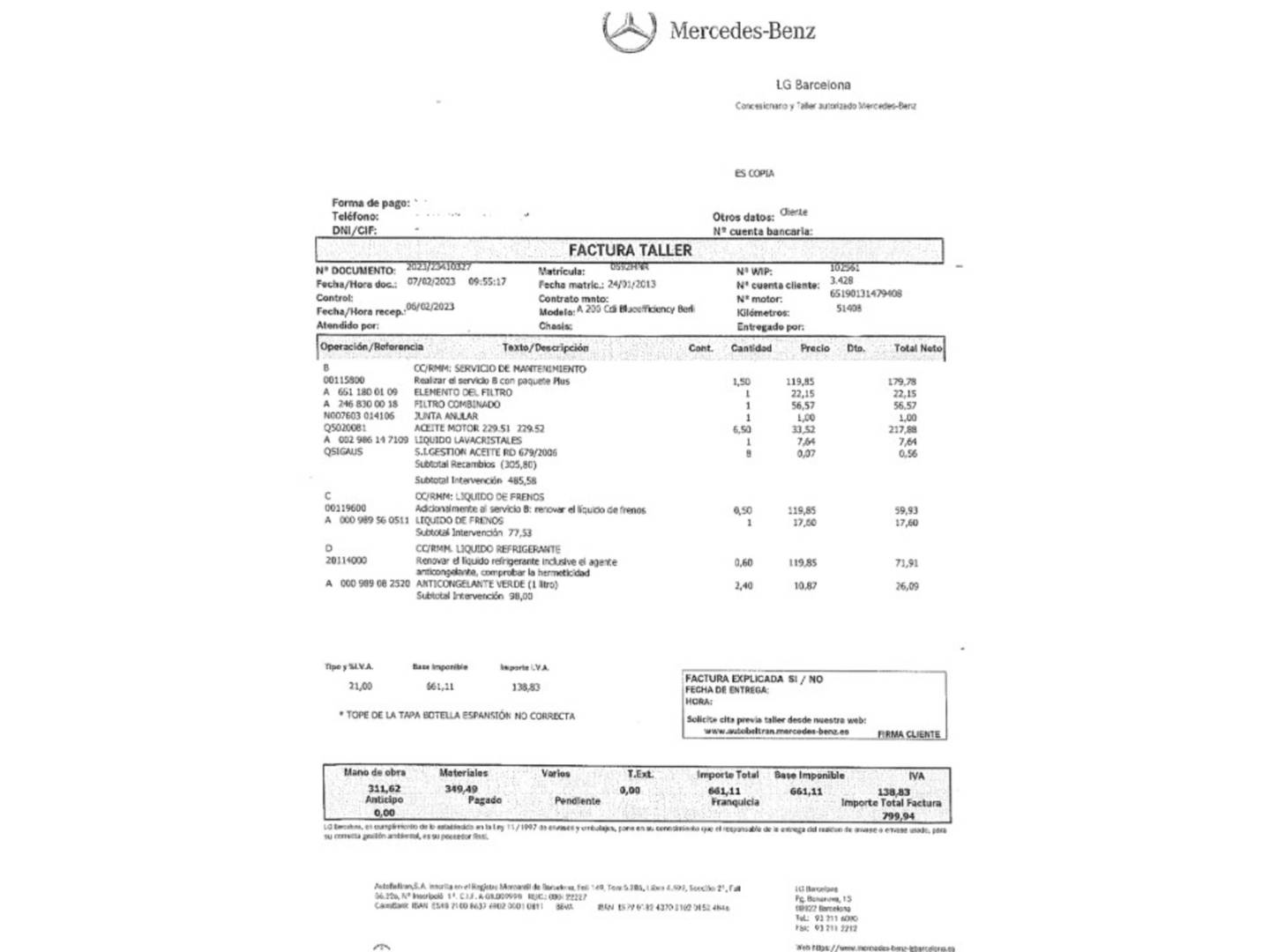 Foto del mantenimiento del Mercedes Clase A Mercedes-Benz Clase A 200 CDI Blue Efficiency Urban (136 CV)