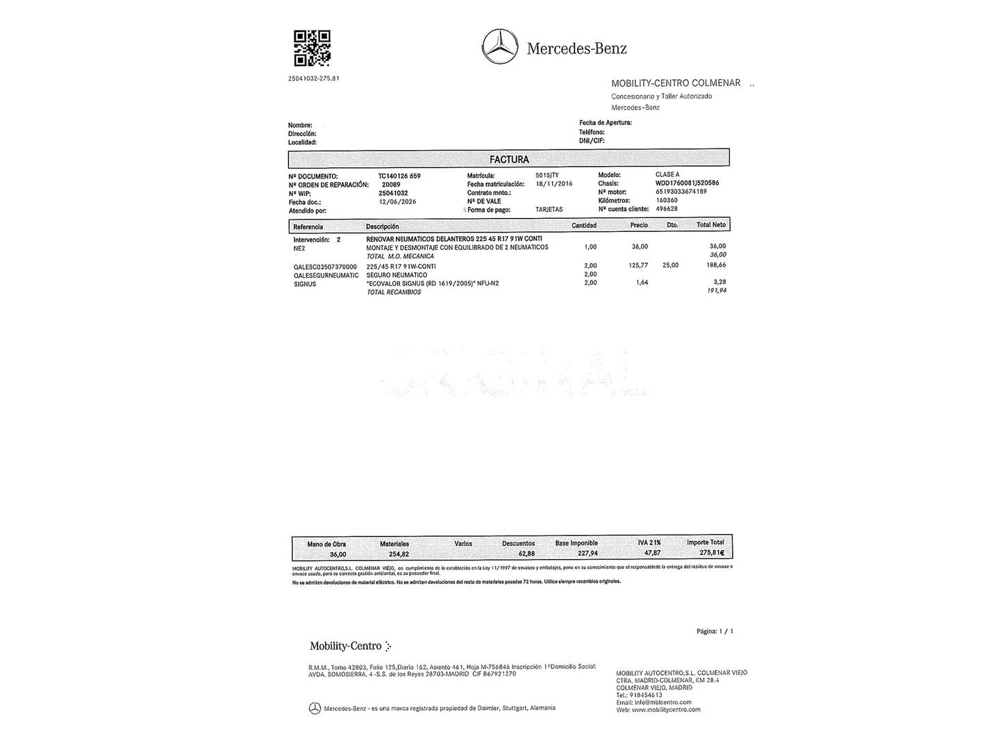 Foto del mantenimiento del Mercedes Clase A Mercedes Clase A 200 d Urban (136 CV)