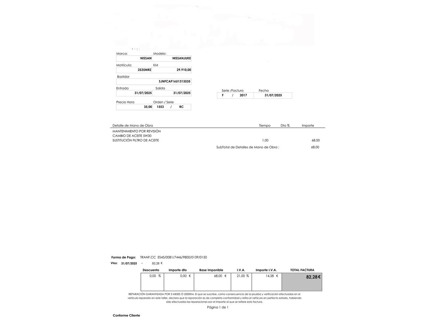 Foto del mantenimiento del Nissan JUKE Nissan Juke Hybrid N-Design Black Auto (143 CV)