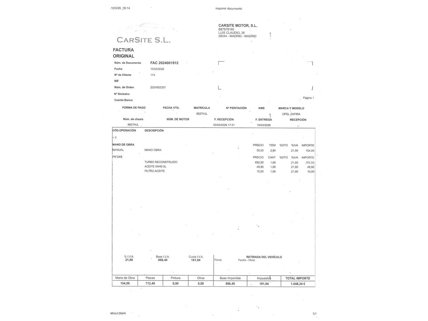 Foto del mantenimiento del Opel Zafira Opel Zafira 1.7 CDTI Enjoy Plus 7 Plazas (125 CV)