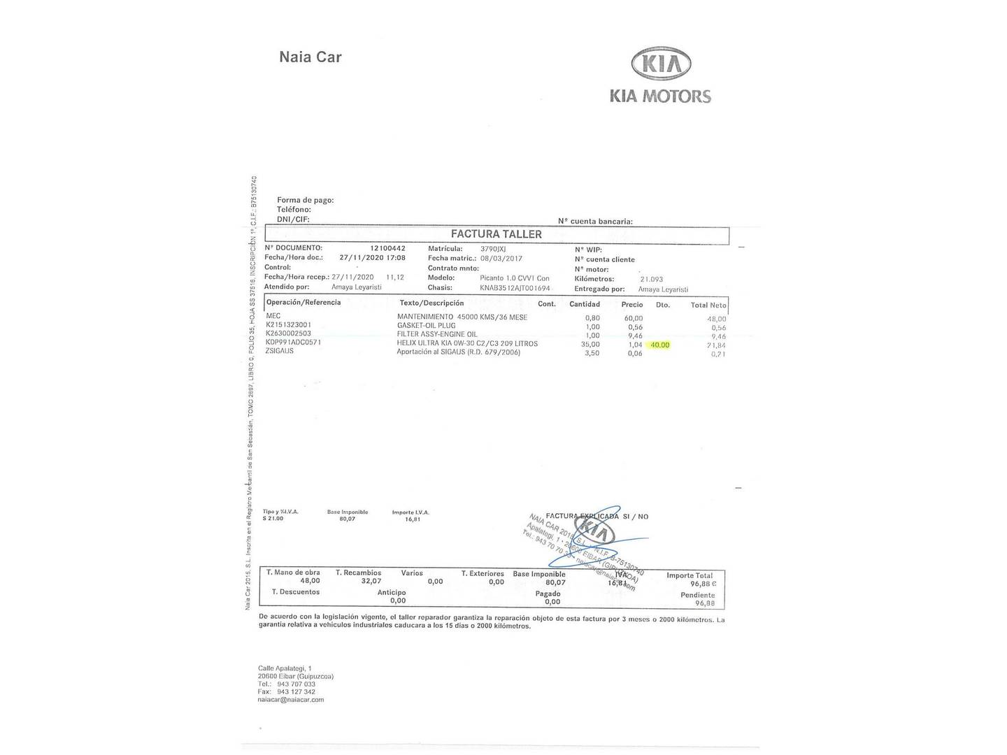 Foto del mantenimiento del KIA Picanto KIA Picanto 1.2 CVVT GT Line (84 CV)