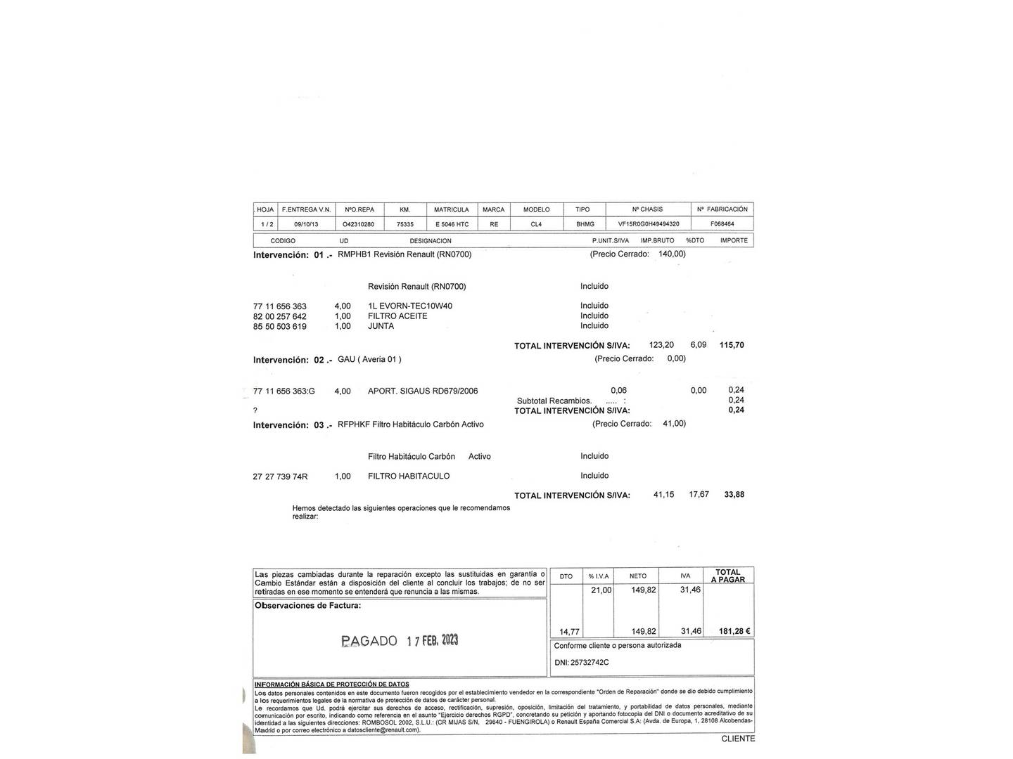 Foto del mantenimiento del Renault Clio Renault Clio Expression 1.2 16v (75 CV)
