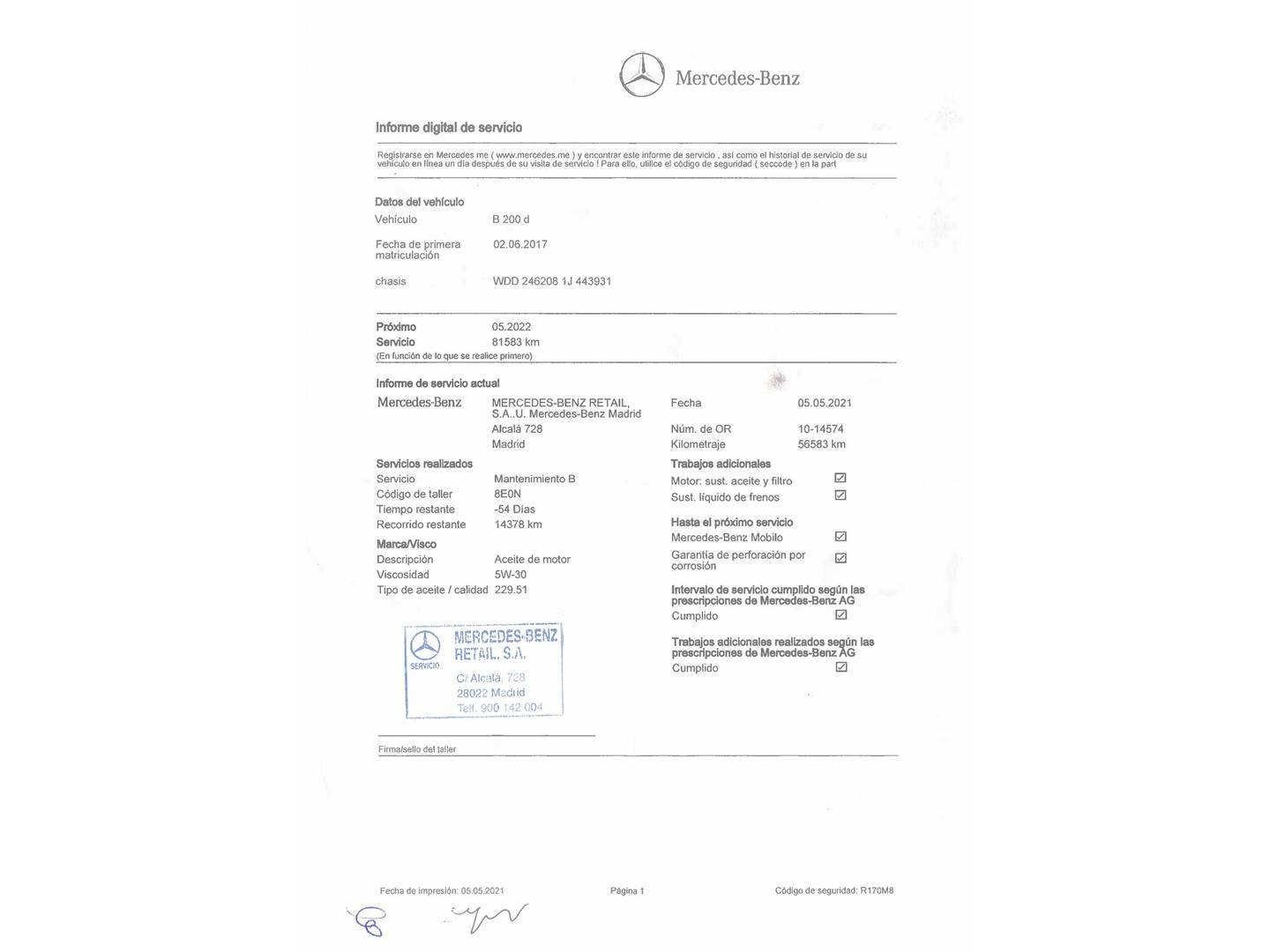 Foto del mantenimiento del Mercedes Clase B Mercedes Clase B 200 d (136 CV)