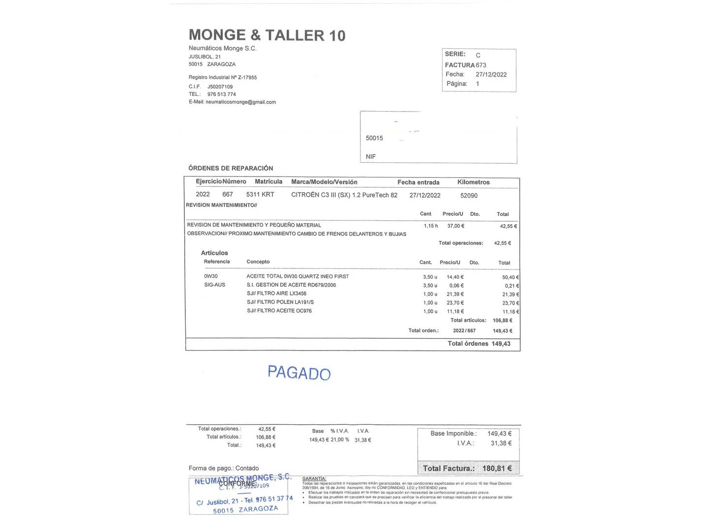 Foto del mantenimiento del Citroën C3 Citroën C3 PureTech 82 Feel (82 CV)